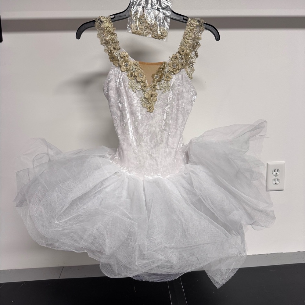 NEW Revolution White Ballet Tutu Gold Accents Size SA Small Adult Inc Hairpiece